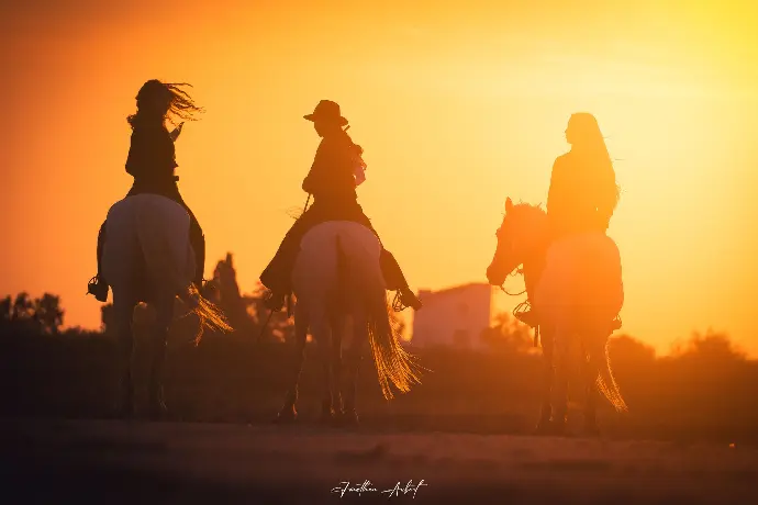 Silhouettes de trois cavalières à cheval au coucher du soleil en Camargue, photographie par Jonathan Aubert pour La Fadaise.