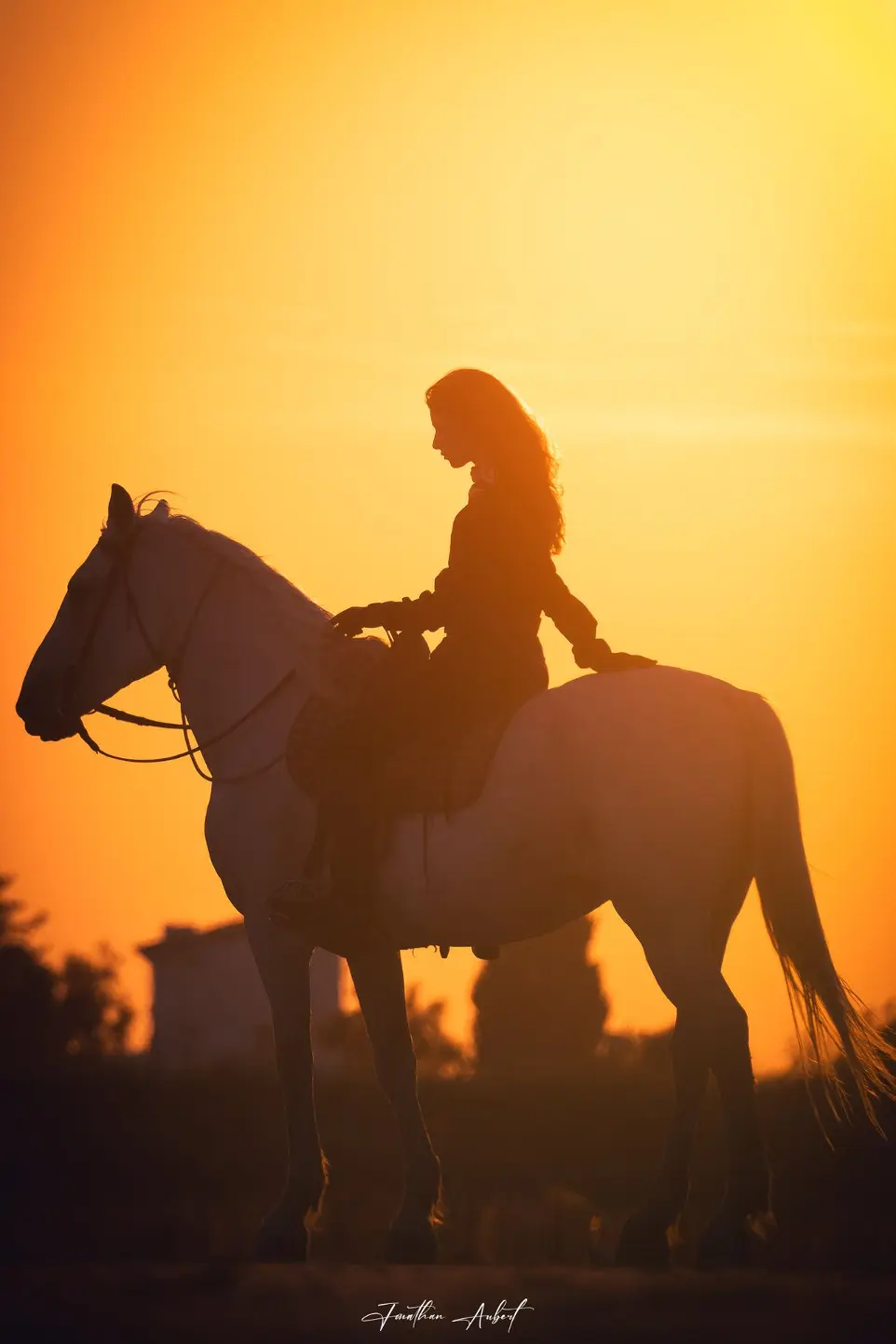 Silhouette d'une cavalière à cheval au coucher du soleil en Camargue, capturée par Jonathan Aubert, photographe partenaire de La Fadaise.